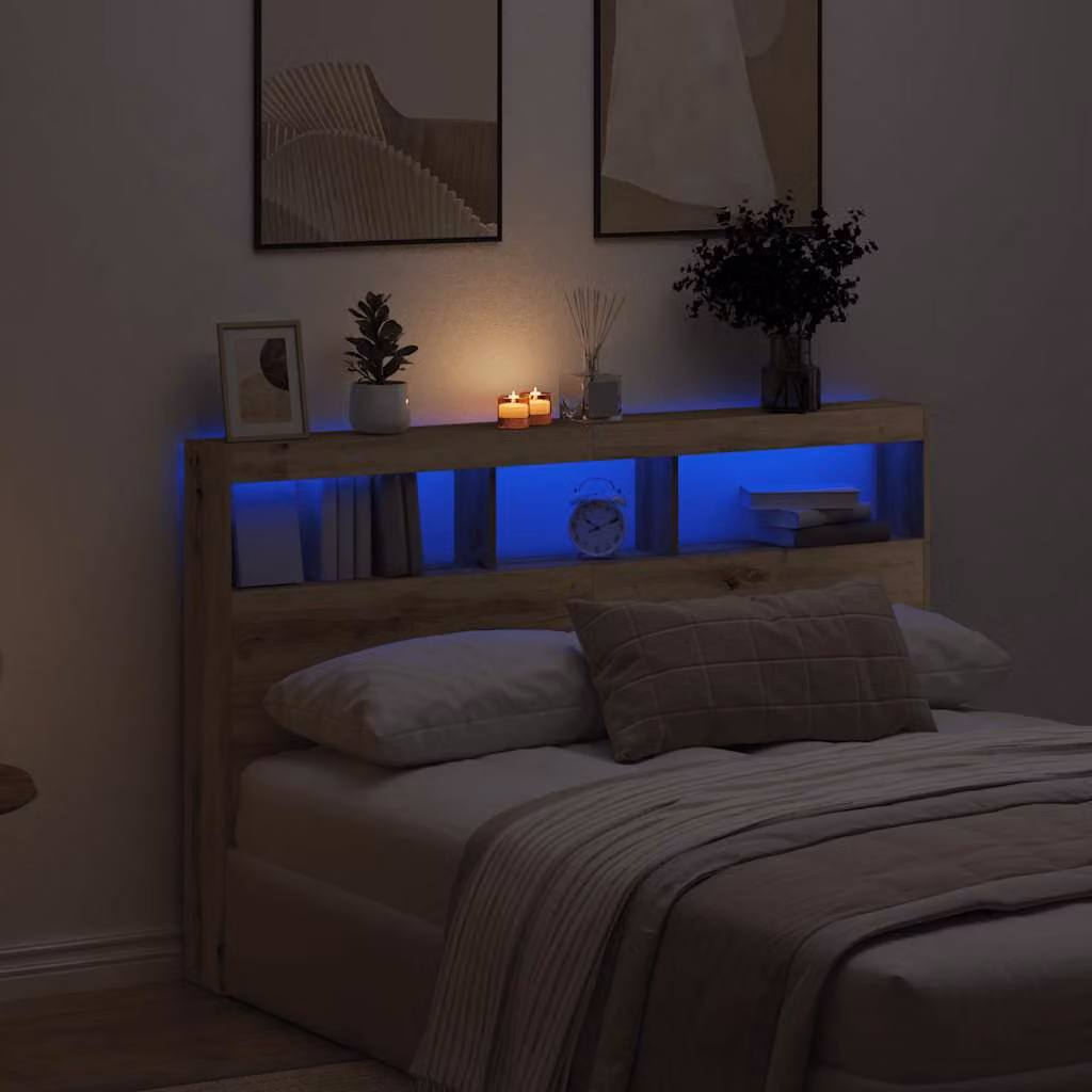 Testiera con Contenitore vidaXL in Rovere Artigianale con Illuminazione LED e Porte USB, L/P/H: 160 x 17 x 102 cm