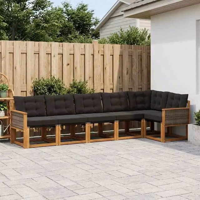 Set di divani da esterno vidaXL in legno di acacia e textilene, 6 pezzi, Naturale e Nero