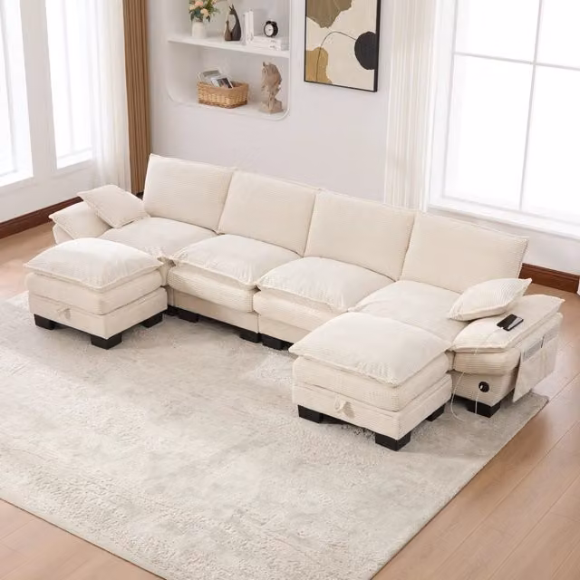 Divano 4 Posti MINIMAL Beige con 2 Poggiapiedi in Tessuto a Coste e Ricarica USB