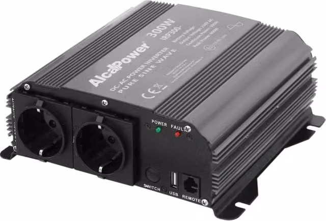 Alcapower Inverter ad Onda Sinusoidale Pura 300W, Colore Nero, Ingresso 12V DC, Uscita 230V AC, 2 Prese Schuko e USB 5V 500mA per dispositivi elettronici sensibili – 1