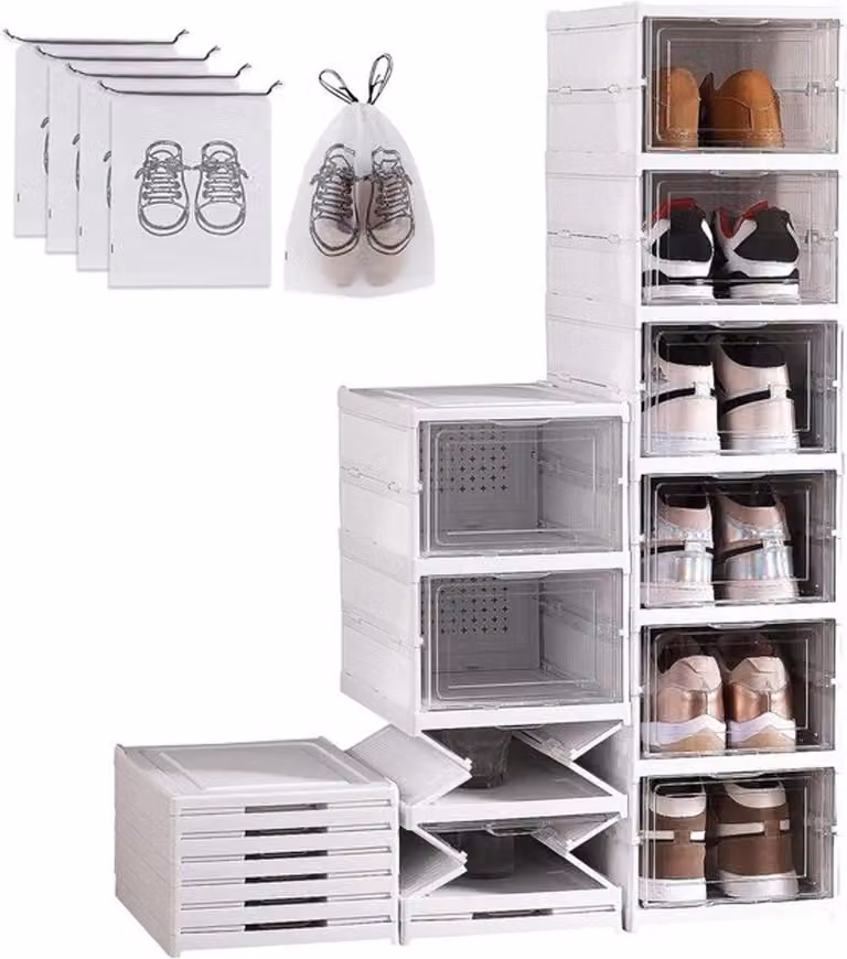 Scatole pieghevoli trasparenti per scarpe da ginnastica: sistema di organizzazione per scarpe fino alla taglia 46, con porta e design salvaspazio