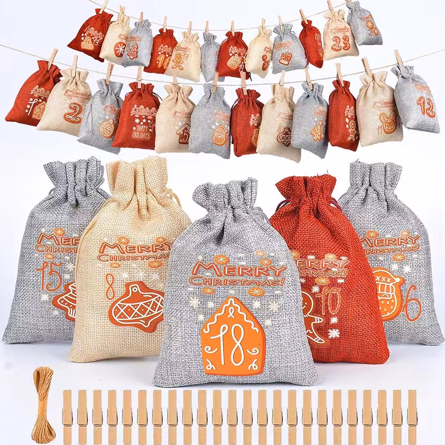 Calendario dell'Avvento da riempire per bambini - 24 calendari dell'Avvento da personalizzare - Sacchetti di stoffa - Calendario di Natale da riempire
