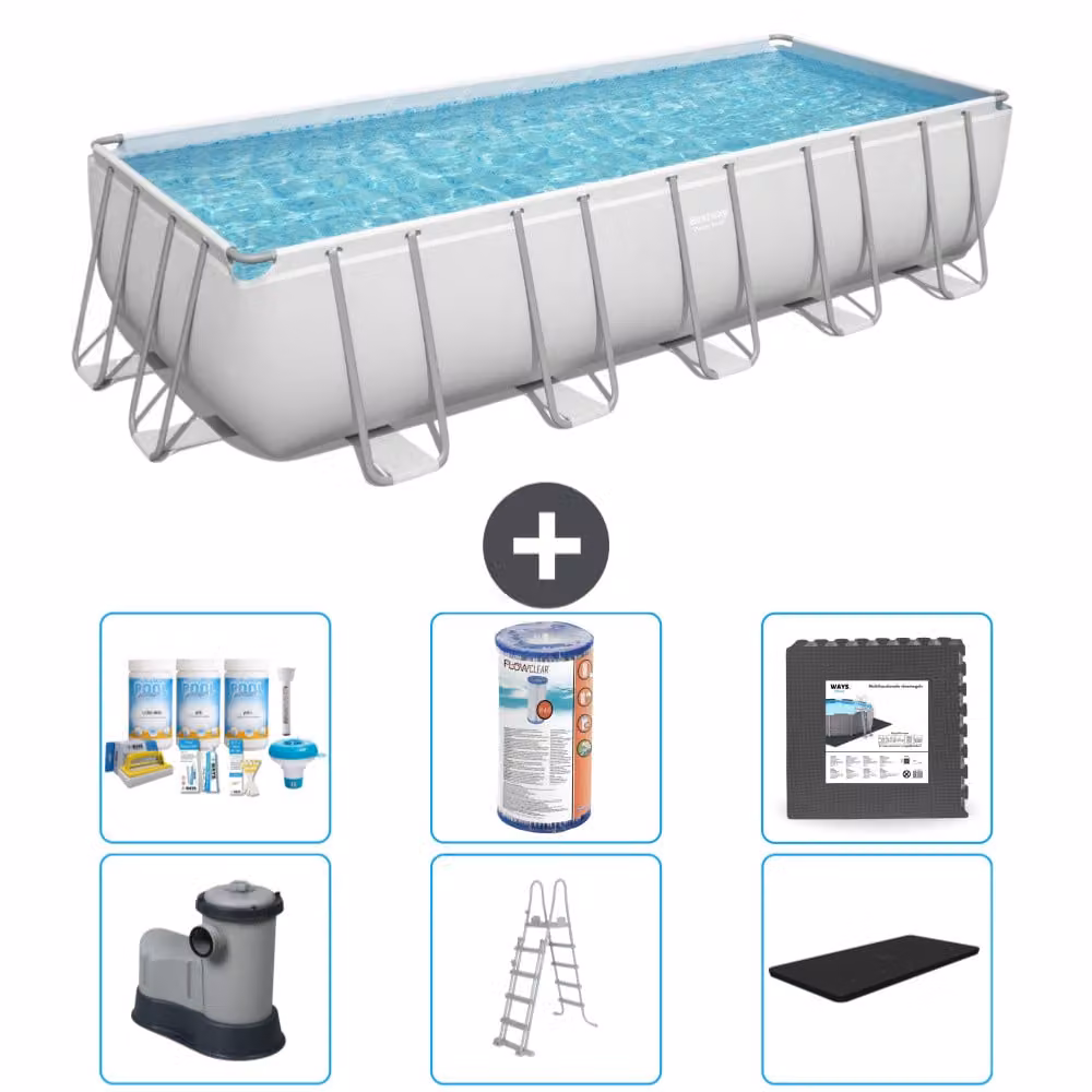 Piscina rettangolare Bestway Power Steel - 640 x 274 x 132 - Grigio - compresa pompa - scaletta - copertura pacchetto manutenzione - filtro - pavimento in piastrelle