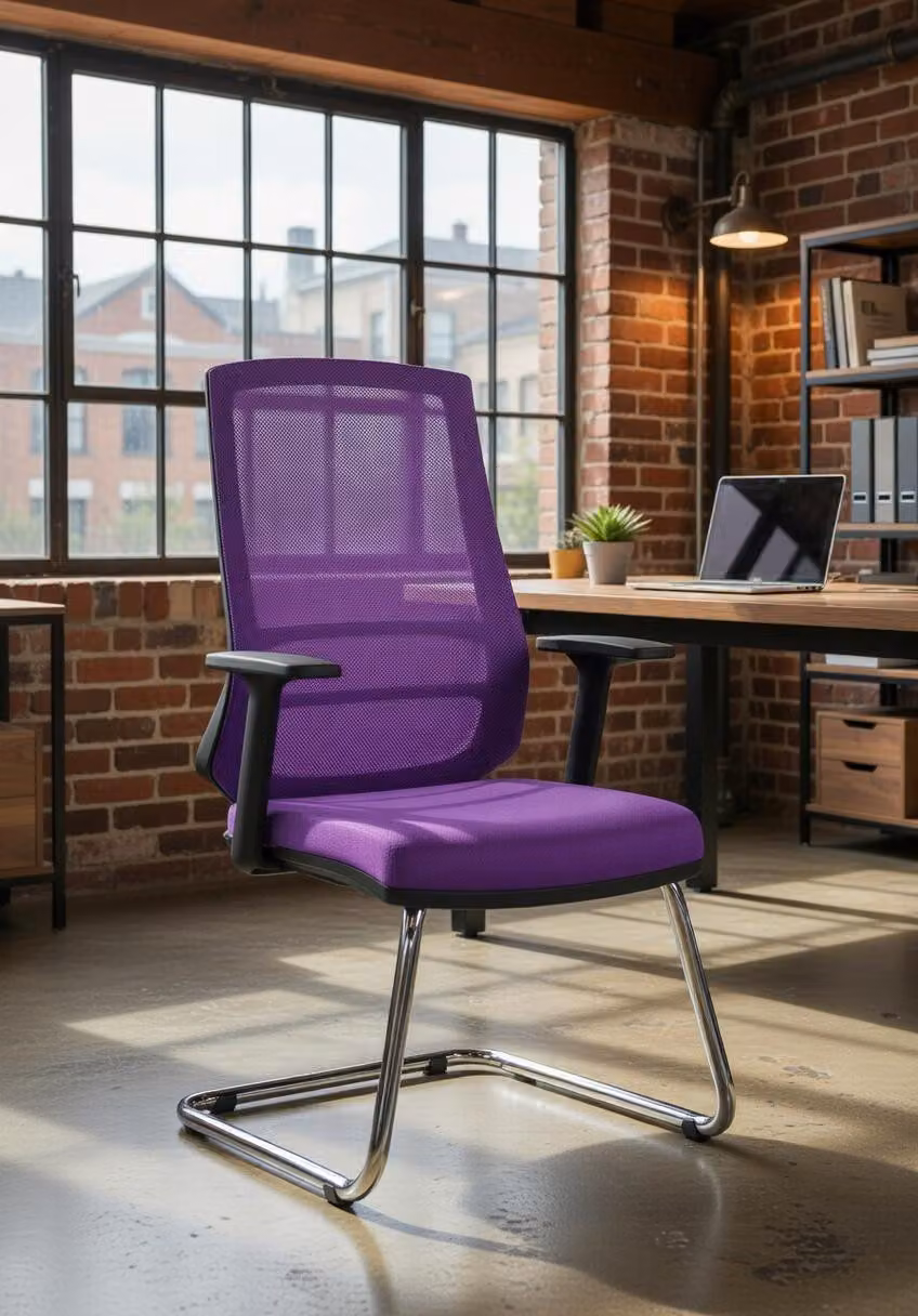 Sedia da ufficio ergonomica color lilla, con braccioli robusti e struttura in metallo