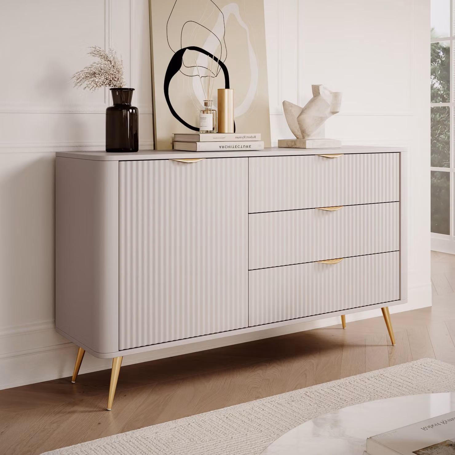 AX LIVING Credenza moderna a cassetti Vespasia 138 T3S – 138,2 cm Beige