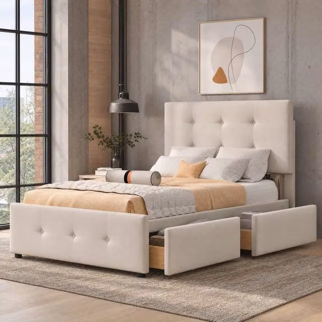 Letto singolo imbottito ULEVR 90x200 cm con rete a doghe e cassetto su ruote, velluto beige