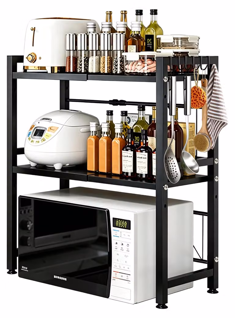 Ripiano estraibile per microonde, 2 livelli, da 40 a 63 cm, capacità di carico 75 kg, colore nero