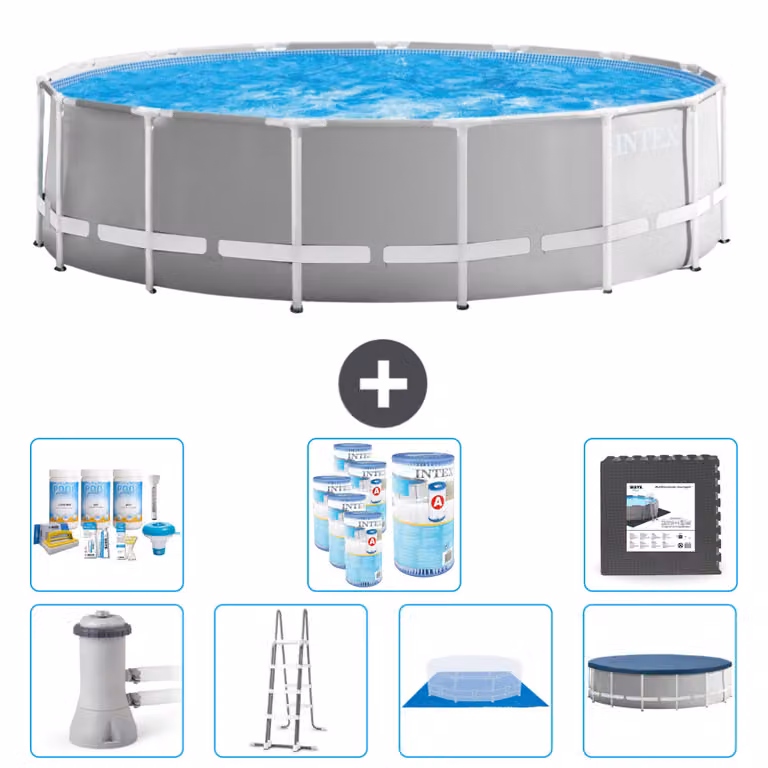Piscina Intex Round Prism Frame - 457 x 122 cm - Grigio - inclusa pompa - scaletta - telo di fondo - pacchetto di manutenzione della copertura - filtro - piastrelle per il pavimento