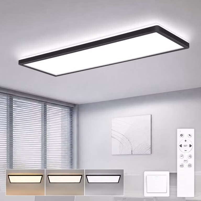 Pannello LED ZMH, 58x20 cm, plafoniera a LED da 24W, pannello a soffitto piatto, dimmerabile, lampada a soffitto con telecomando, grande, rettangolare, lampada a luce diurna per officina, colore nero