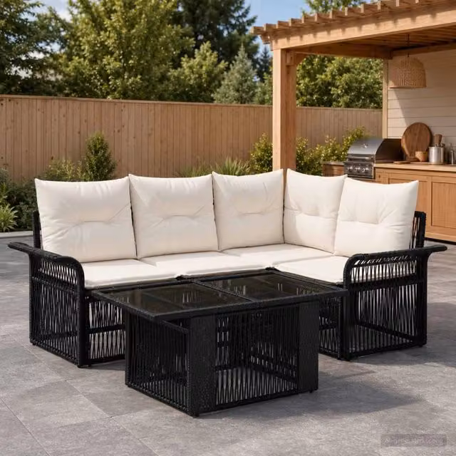 Set Divano da Giardino a L con Tavolino vidaXL, 5 Pezzi, Nero e Bianco Crema, in Polyrattan e Metallo con Cuscini Inclusi – 1