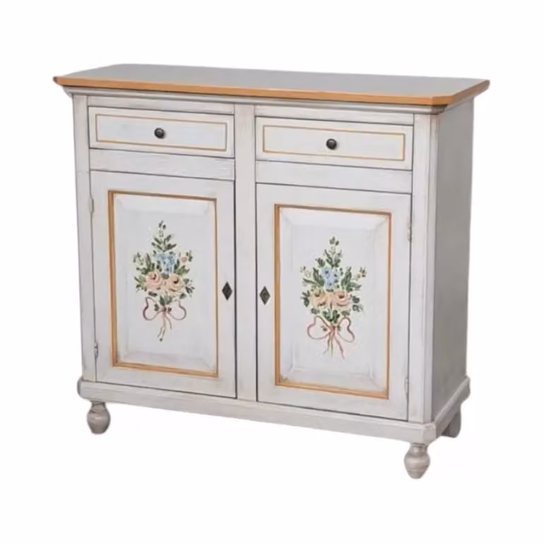 Credenza shabby chic in legno con 2 porte e decori floreali Mobili 2G bianco anticato con dettagli arancioni L: 105 cm, P: 45 cm, H: 98 cm
