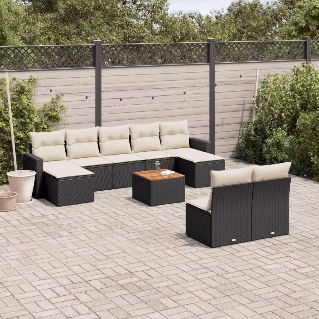Set di Divani da Giardino vidaXL 10 Pezzi in Polyrattan Nero con Cuscini e Tavolino da Esterno – 1