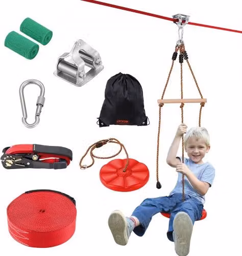 VEVOR Kit Zipline per Cortile all'aperto con Imbracatura in Nylon, Sedile e Manubrio, Colore Rosso, Lunghezza: 19,8 m, Carico Massimo: 149 kg