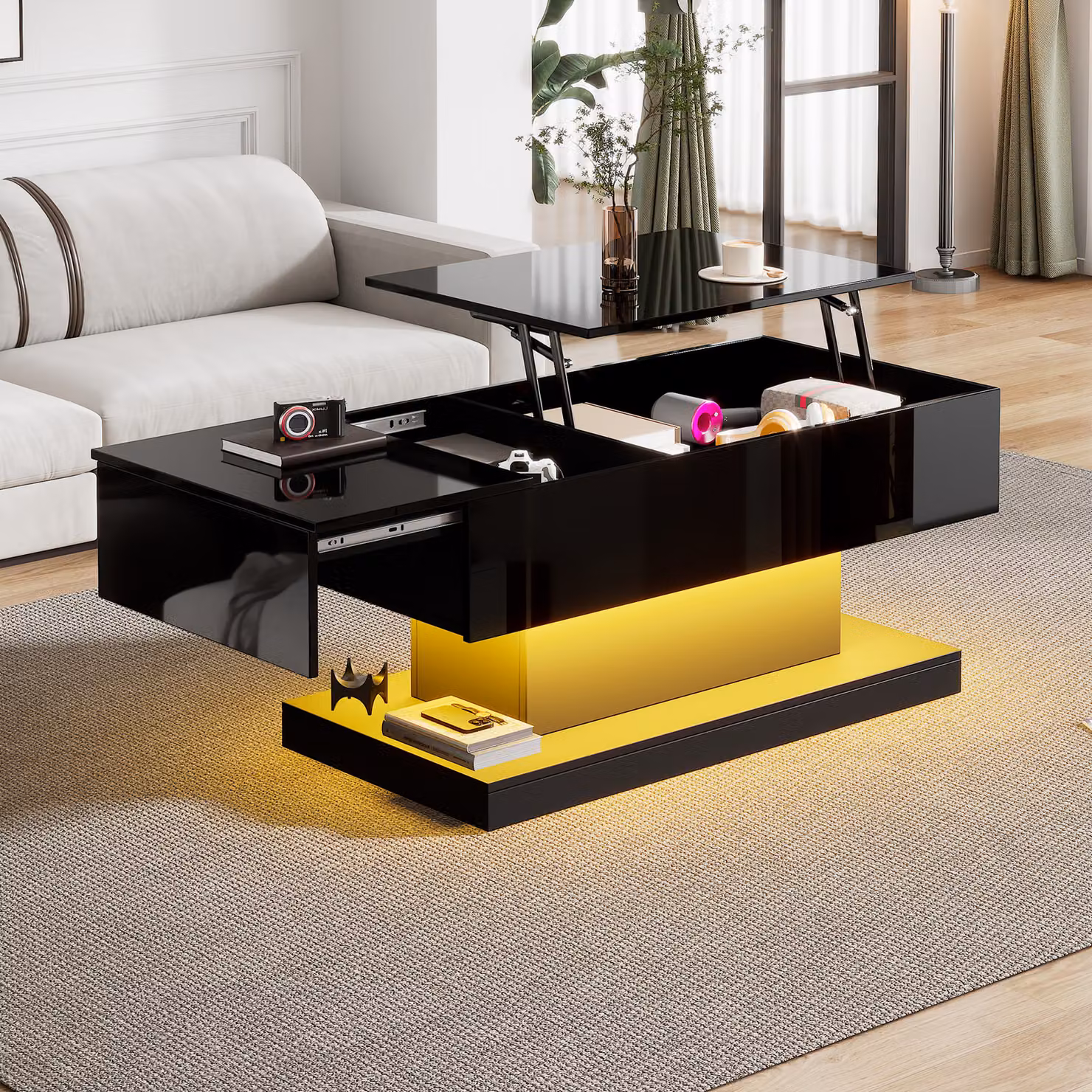 Abrihome tavolino da caffè con illuminazione a LED e vano portaoggetti, tavolino sollevabile lucido 100x50x45 cm, nero