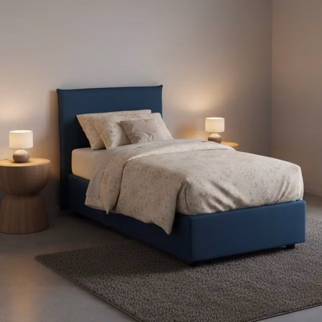 Letto singolo contenitore Astor di Talamo Italia con materasso incluso, rivestimento in tessuto blu, L/P/H: 80 x 190 x 100 cm