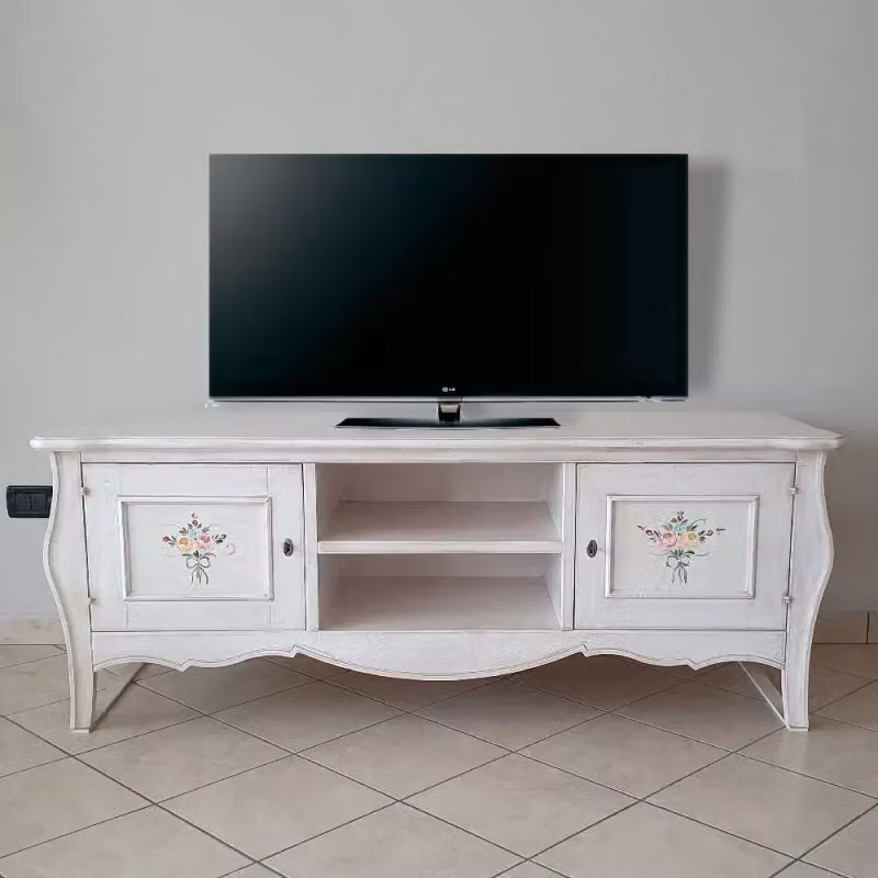 Porta TV in legno di pino stile shabby chic bianco anticato con decori floreali Mobili 2G L/P/H: 160 x 50 x 61 cm – 1