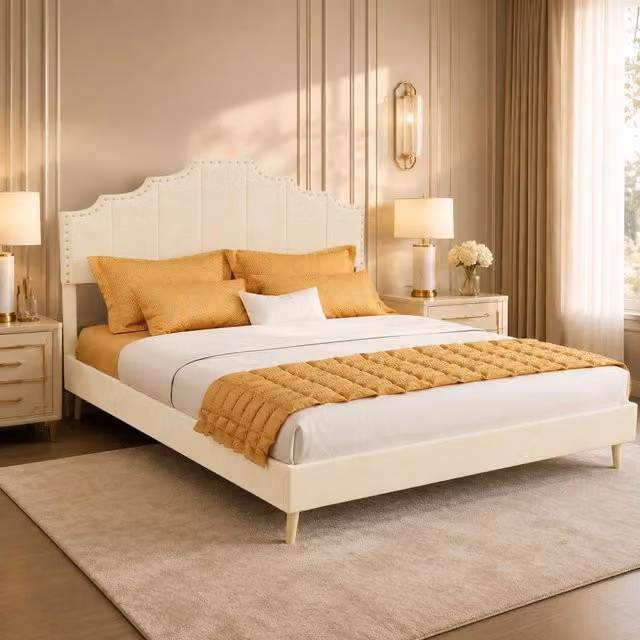 Letto matrimoniale 140x200 cm con testiera geometrica e rivestimento in tessuto; beige
