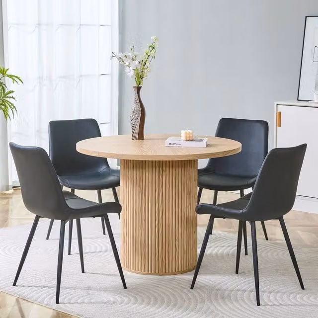 Set da pranzo rotondo con tavolo e sedute ergonomiche in MDF; metallo e PU nero; naturale