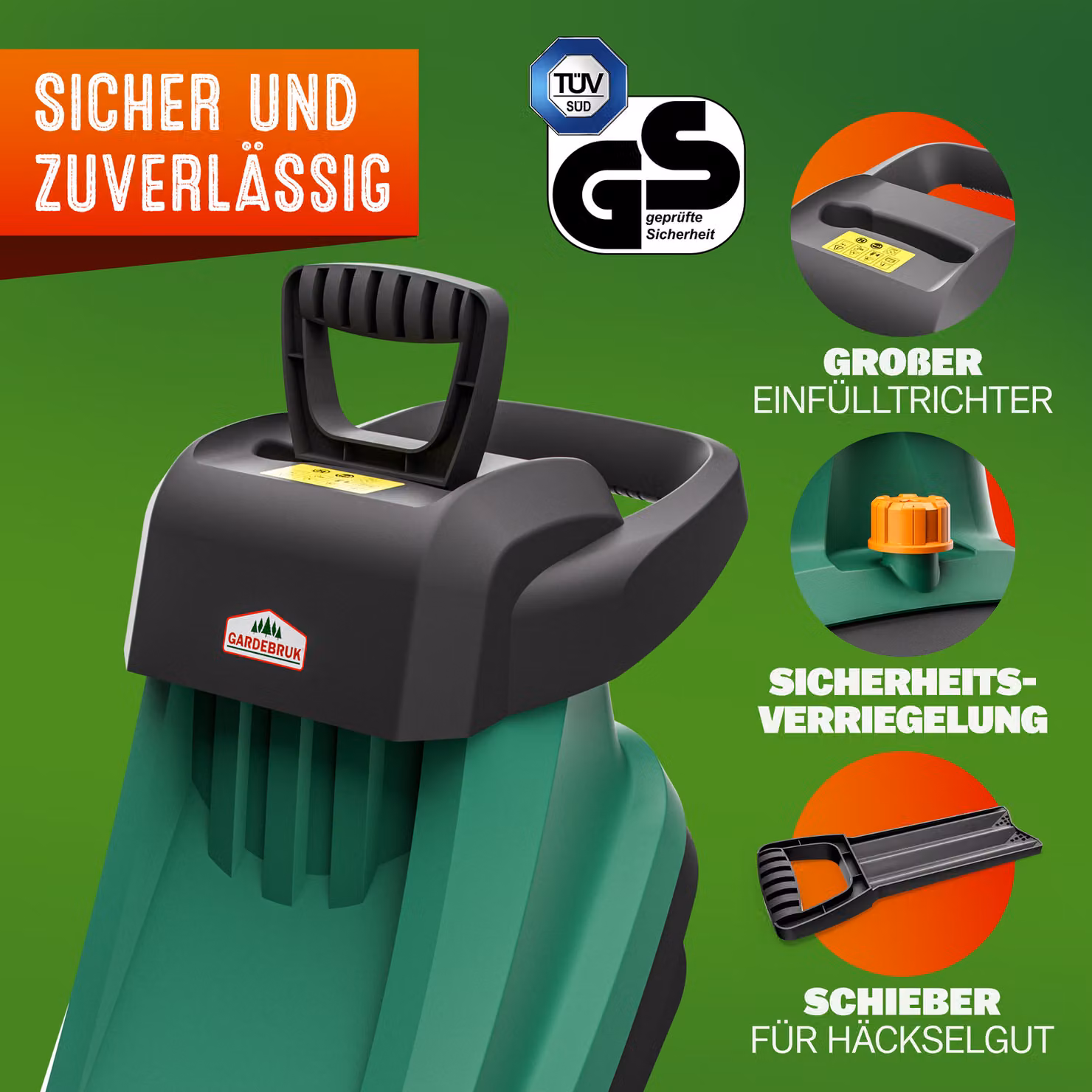 Trituratore elettrico GARDEBRUK verde con lame in acciaio e contenitore di raccolta da 50L – 3