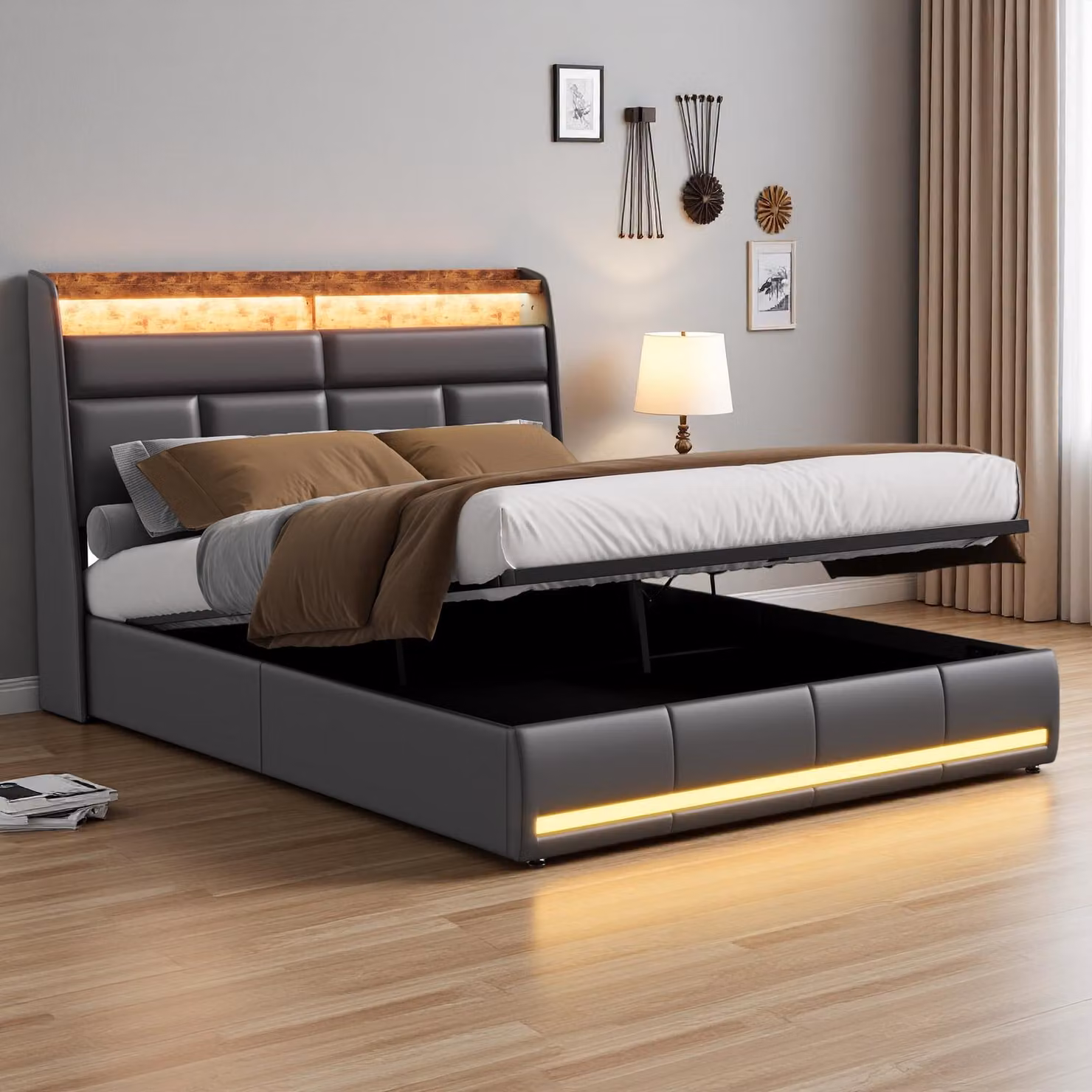 Letto imbottito Fortuna Lai 160x200 cm, LED, USB, contenitore, rete a doghe, letto per ragazzi in ecopelle, nero