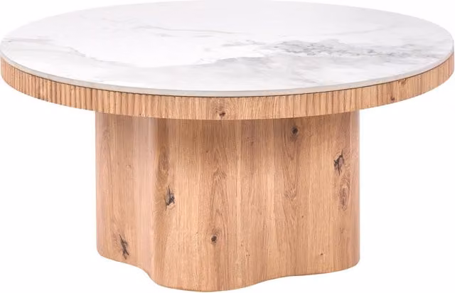 Tavolino da caffè rotondo BELIANI in stile Mid-Century con piano in ceramica bianca effetto marmo e base in MDF marrone chiaro L: 80 cm, P: 80 cm, H: 40 cm