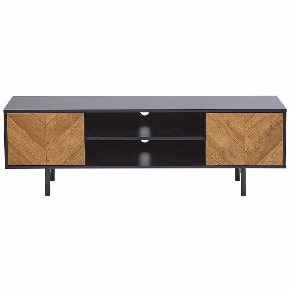 Mobile porta TV BELIANI in stile industriale con 2 ante, legno chiaro e nero, L: 140 cm, P: 40 cm, H: 45 cm – 2