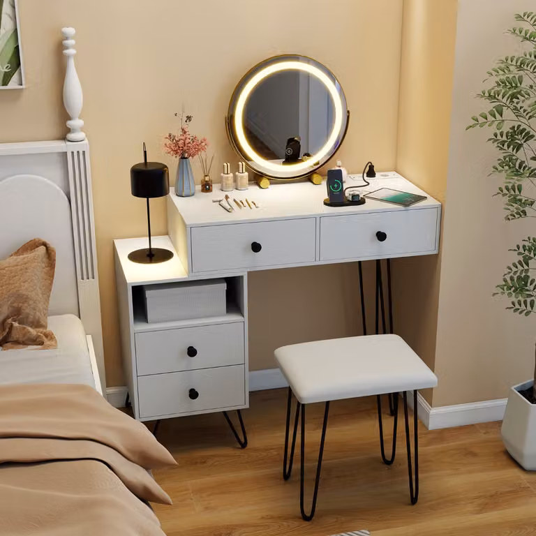 Costway Tavolo da trucco moderno con specchio LED e sgabello, bianco, con 4 cassetti e scomparto aperto per camera da letto
