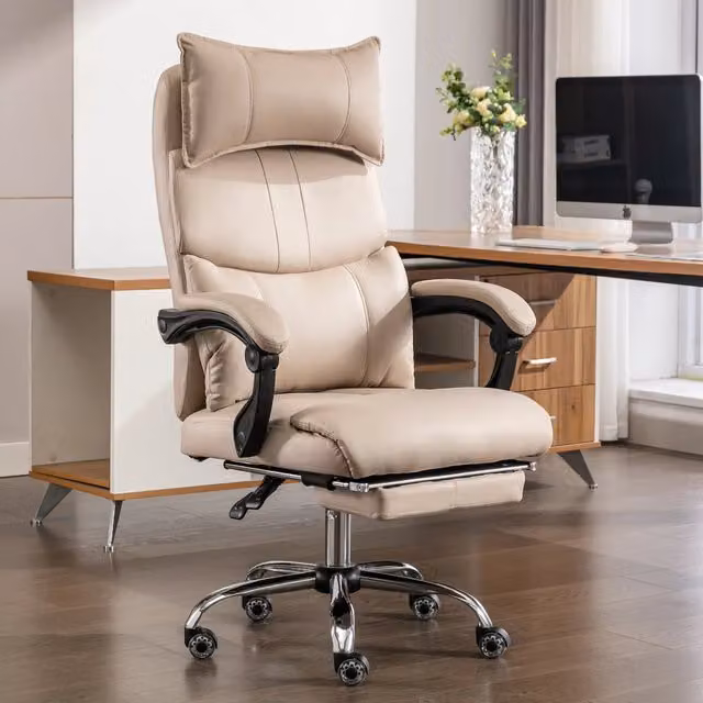 Sedia da ufficio ergonomica moderna in tessuto e similpelle beige con poggiatesta, braccioli e rotelle, girevole a 360 gradi per casa e ufficio – 1