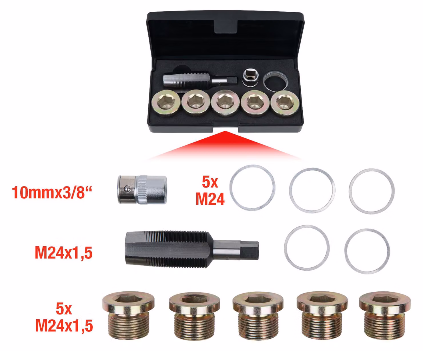 KS TOOLS Set di riparazione della filettatura del tappo di scarico dell'olio 12 pezzi M24 x 1,5 - 150.4950