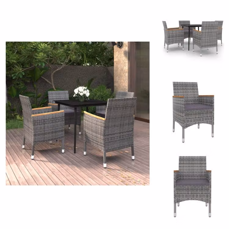 vidaXL Set da pranzo da giardino in 5 pezzi con cuscini in polirattan e vetro - Set di mobili da giardino