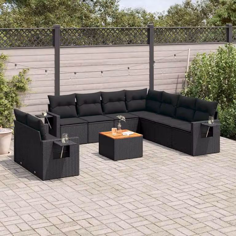 vidaXL Set Divani da Giardino 10pz in Polyrattan Nero con Cuscini e Tavolino da Esterno