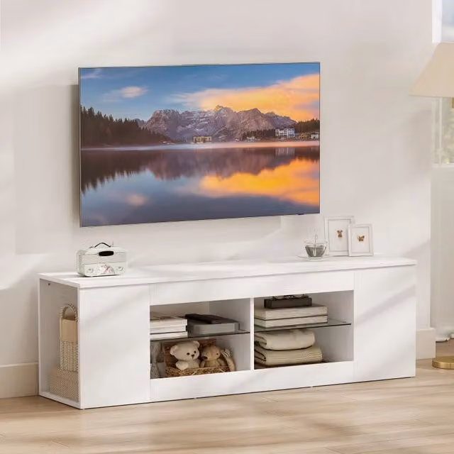 Mobile TV REDOM moderno bianco con 6 scomparti e ripiani in vetro L: 140 cm, H: 42,5 cm, P: 26,6 cm