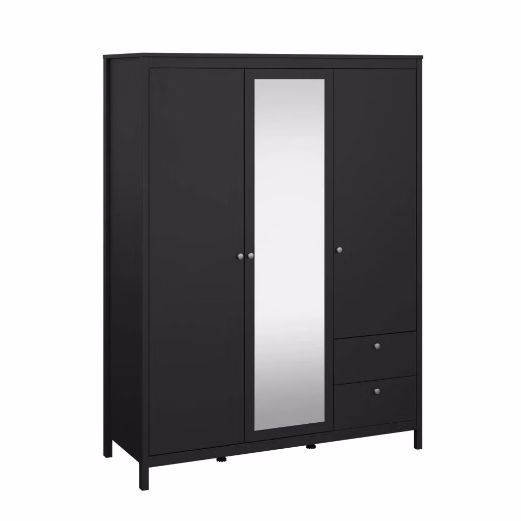 Armadio Rufina DMORA per camera da letto con 3 ante e cassetti, Nero opaco, L: 150 cm, P: 58,4 cm, H: 199 cm – 2