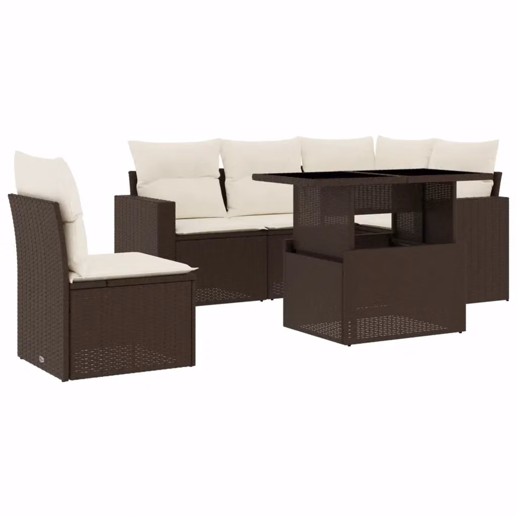 Set Divano da Giardino vidaXL 6 pz a Forma a L in Polyrattan Marrone con Cuscini Bianchi e Tavolino da Esterno – 2