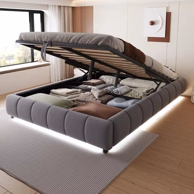 Letto Imbottito Contenitore con LED ¨C MINIMAL ¨C Grigio 140x200, Senza Testiera, Idraulico