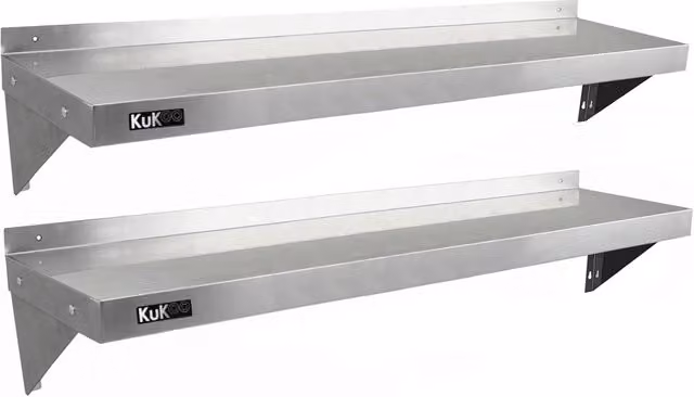 Set di 2 ripiani da parete KuKoo in acciaio inox argento per cucina professionale, L 140 cm x P 30 cm