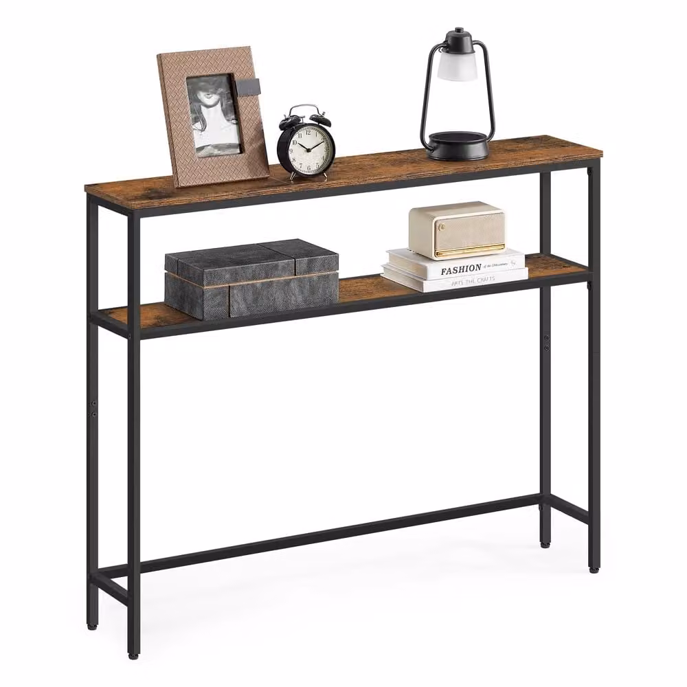 Consolle da Ingresso Moderna con 2 Ripiani, Marrone Vintage + Nero Inchiostro / 100l cm