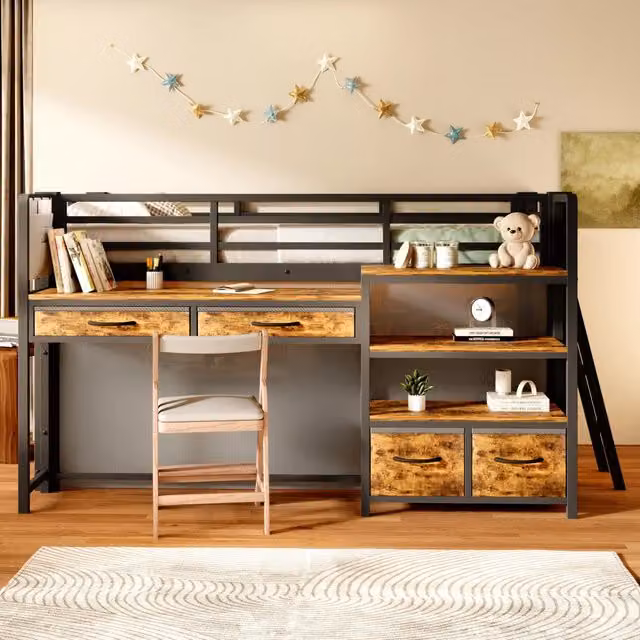 Letto a soppalco 90 x 200 cm con scrivania; scaffali; cassetti e LED; nero in metallo