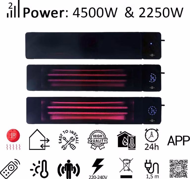 4500W/2250 watt Riscaldatore a infrarossi ElectricSun nero, uso interno/esterno, con termostato e app, 100x18 cm