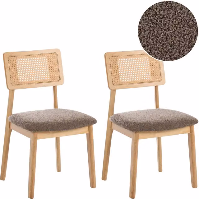 Set di 2 Sedie da Pranzo Tortora con Seduta Imbottita in Tessuto Bouclé e Struttura in Legno Embar
