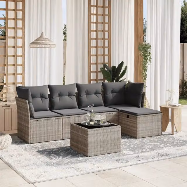 Set da giardino moderno vidaXL composto da 6 pezzi con divano a L, tavolino e cuscini grigi in rattan e metallo – 1