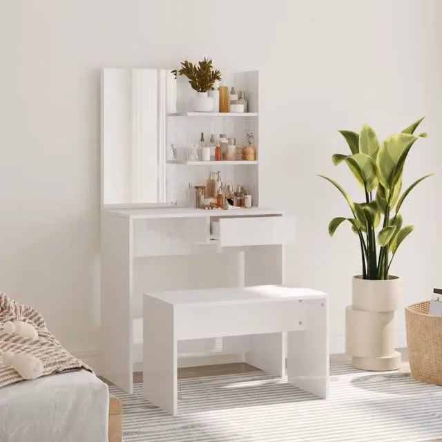Set Tavolo da Toeletta Moderno vidaXL Bianco Lucido L: 74,5 cm, P: 40 cm, H: 141 cm