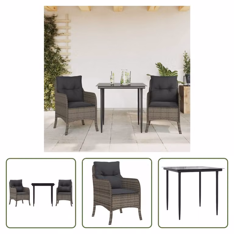The Living Store Set da pranzo da giardino in 3 pezzi con cuscini in poly rattan grigio