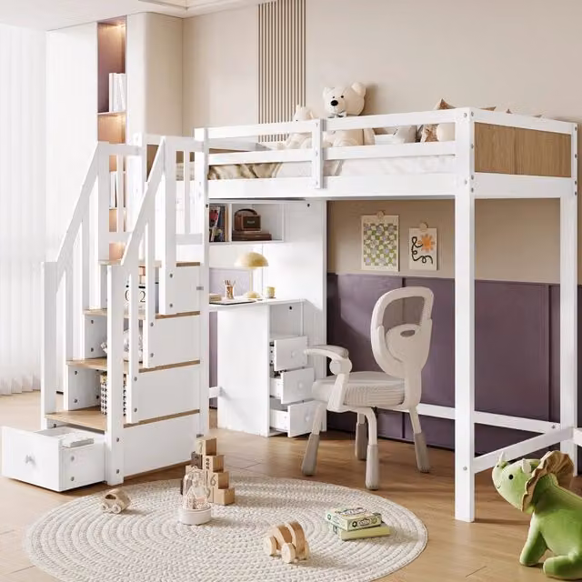Letto a castello per bambini 90x200 cm con scrivania; 3 cassetti e scala contenitore; bianco e naturale