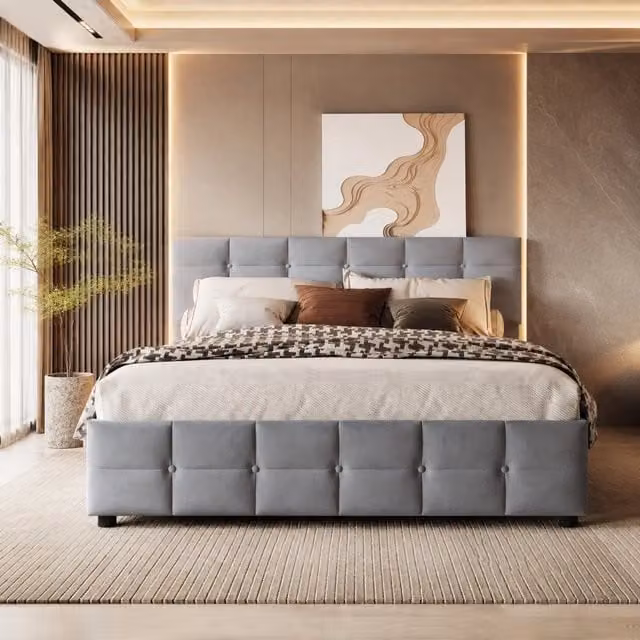 Letto imbottito 180x200 cm grigio, velluto con contenitore idraulico e doghe
