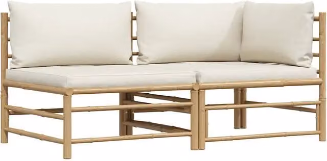 Set Divani da Giardino 2 pz | Set Salotto da Giardino con Cuscini Bianco Crema in Bamb¨´