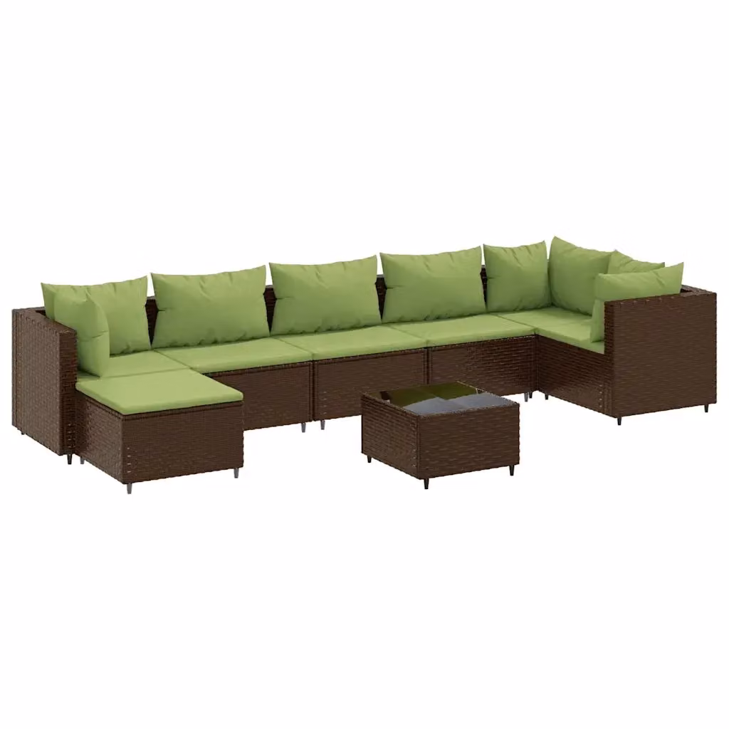 vidaXL Set Divani da Giardino 8 pz a Forma a L con Cuscini e Tavolino in Polyrattan Marrone e Verde – 2