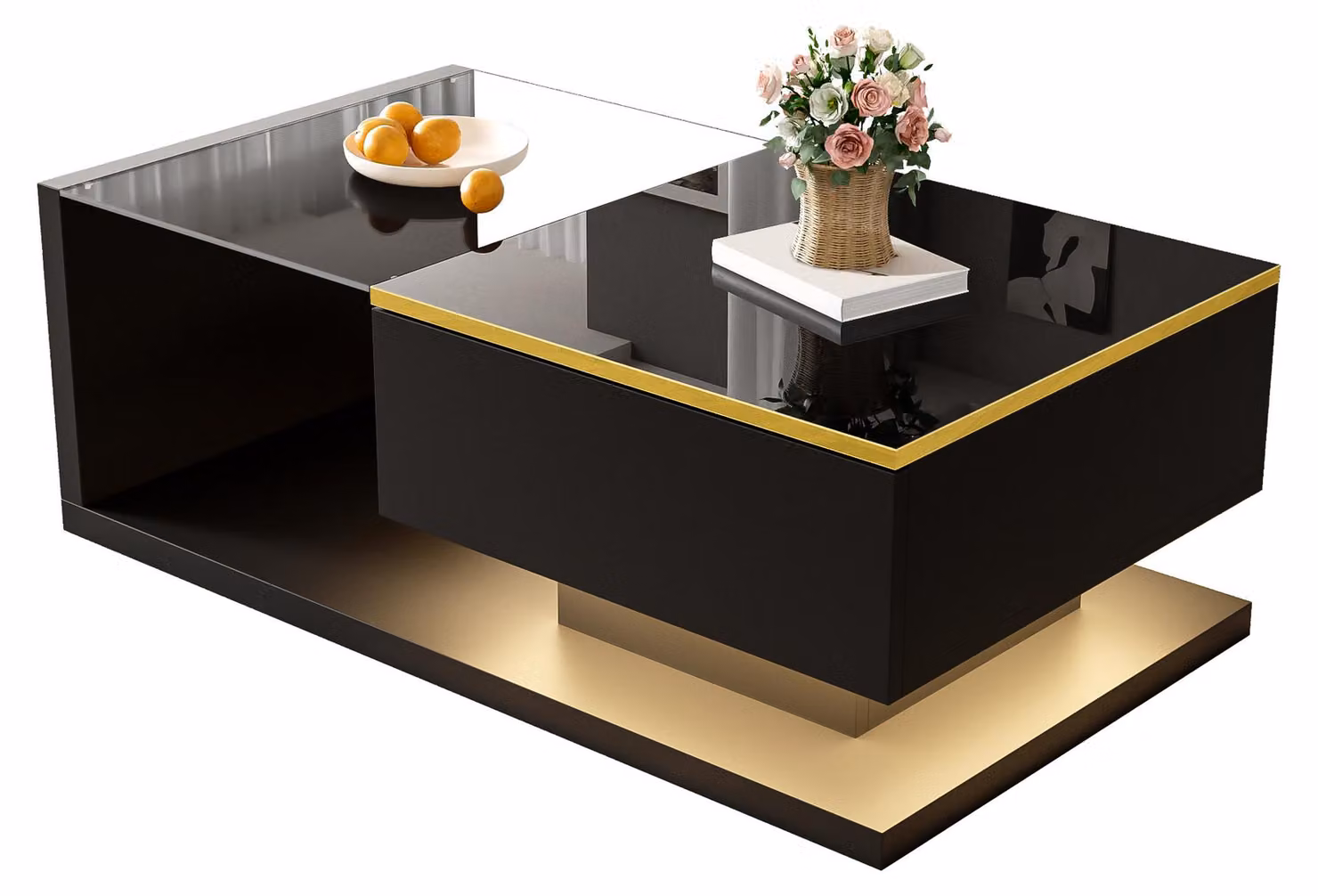 Tavolino da caffè nero lucido, 90 cm, con piano in vetro ed effetto LED, design moderno