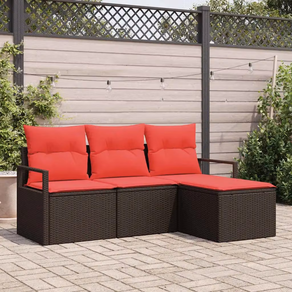 Set di divani da giardino vidaXL a forma di L con pouf, colore marrone e rosso, struttura in metallo e rattan con cuscini inclusi