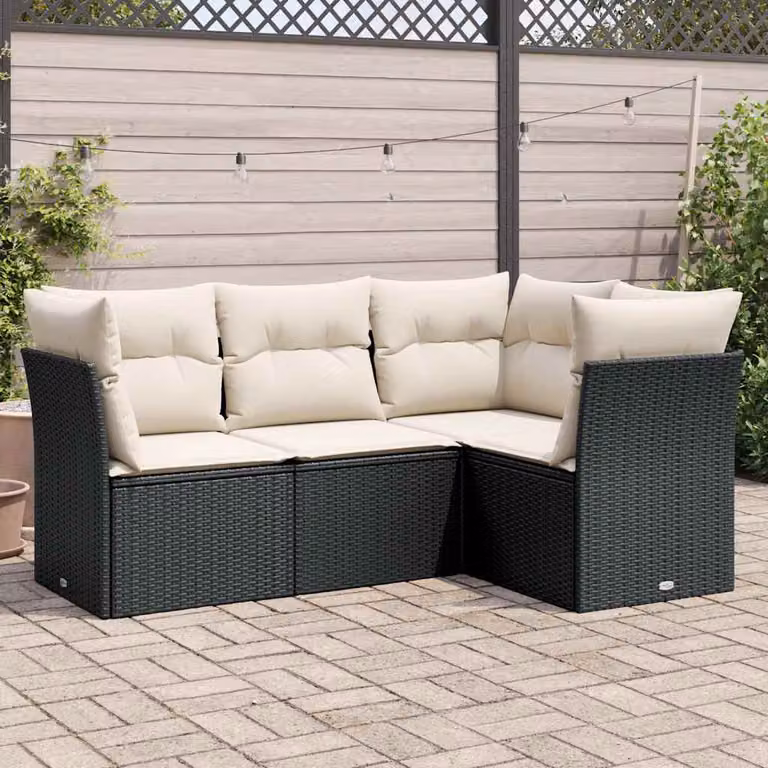 Set di divani da giardino vidaXL a forma di L composto da 4 pezzi con cuscini, struttura in metallo e rattan nero e bianco